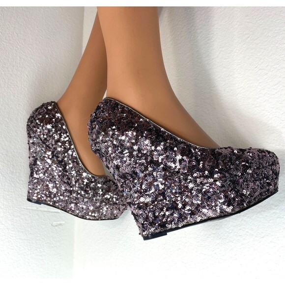 Bongo Silver Champagne Sequin Platform Heels 7.5 Disco Clubbing Formal Party - Picture 3 of 14